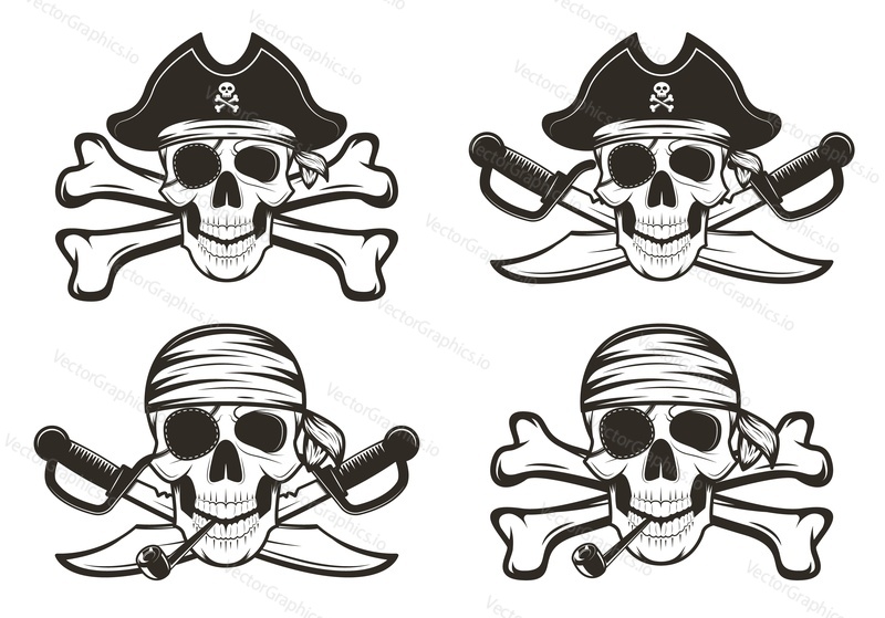Pirate skull set, vector hand drawn illustration isolated on white background. Human skull with crossed swords and bones, wearing pirate captain hat, bandana, eyepatch. Vintage tattoo t-shirt graphics