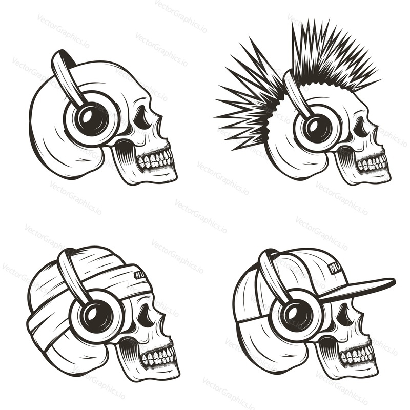 Music skull side view set, vector hand drawn illustration isolated on white background. Human skull with iroquois, wearing hat and cap listening to music using headphones.