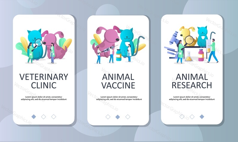 Veterinary clinic, Animal vaccine and Animal research mobile app onboarding screens. Menu banner vector template for website and application development.