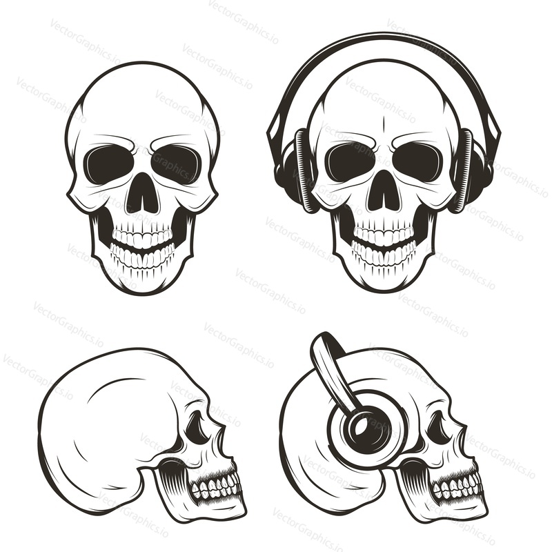 Human skull set, vector hand drawn illustration isolated on white background. Skull t-shirt graphics.