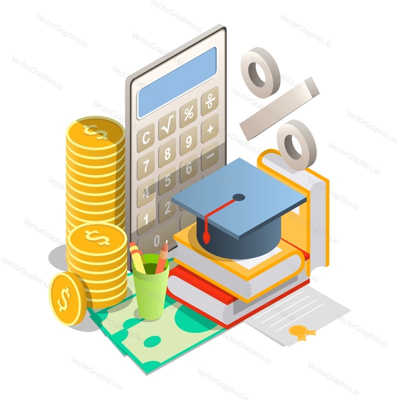 Vector isometric pile of books with graduation hat on dollar banknotes, calculator, stack of coins, percentage sign. Student loan interest rates concept.