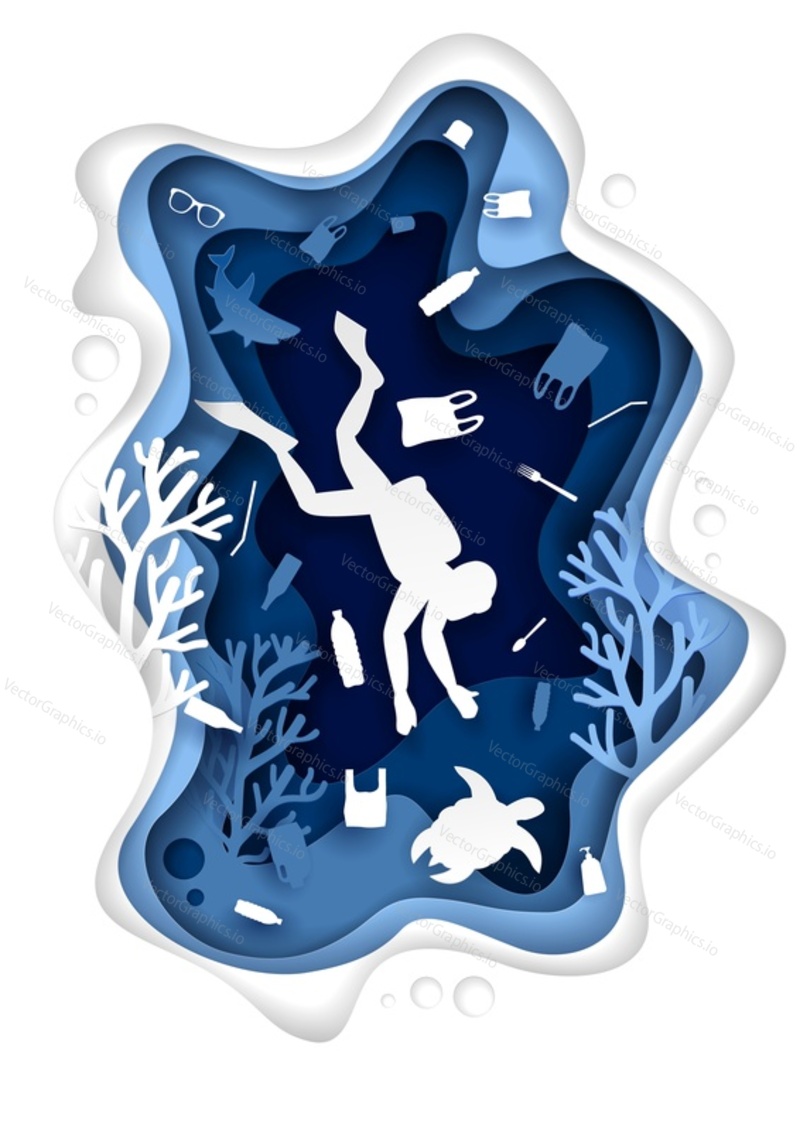 Stop ocean plastic pollution, vector illustration in paper art style. Underwater sea cave with swimming scuba diver, shark, turtle and plastic bottles, bags, other trash floating in water. Save ocean.
