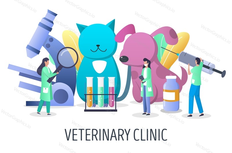 Veterinary clinic vector illustration. Huge dog and cat, microscope and tiny characters vets with syringe, magnifying glass. Veterinarian pet check up, treatment, vaccination concept for website page.