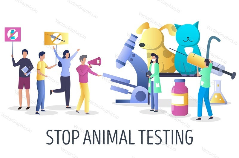 Stop animal research, vector illustration. Against animal testing campaign, demonstration concept with characters for web banner, website page etc.