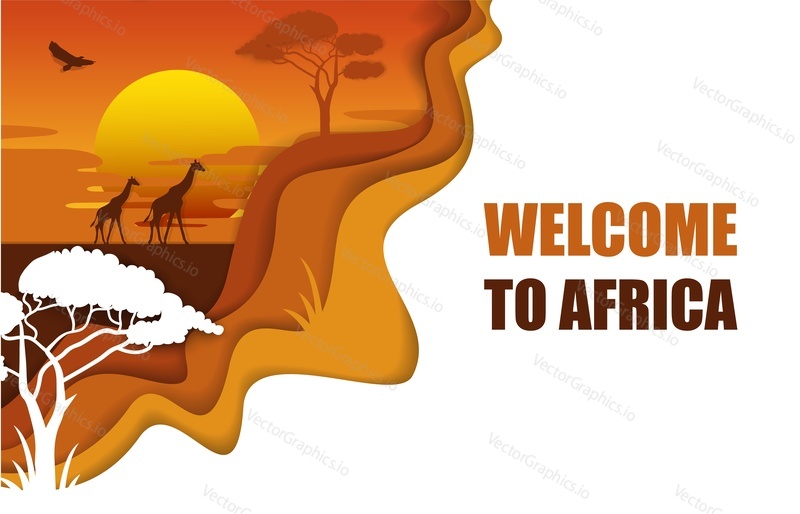 Welcome to Africa travel poster template, vector illustration in paper art style. African landscape, Safari park scene with giraffe silhouettes for web banner, website page etc.
