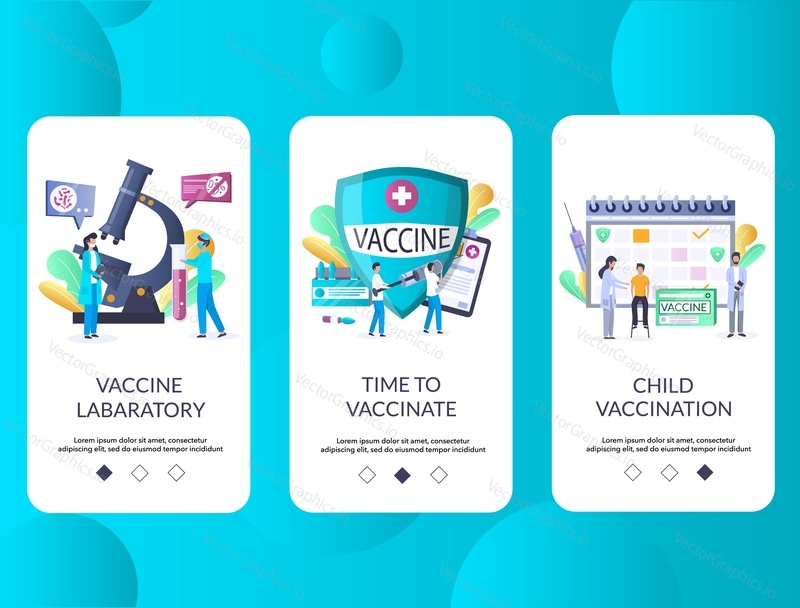 Vaccine laboratory, Time to vaccinate, Child vaccination mobile app onboarding screens. Menu banner vector template for website and application development.