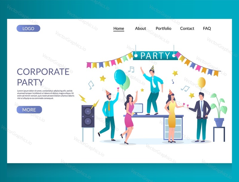 Векторный шаблон веб-сайта для корпоративной вечеринки, дизайн веб-страницы и целевой страницы для разработки веб-сайтов и мобильных сайтов. Специальное мероприятие, посвященное годовщине деловой компании, празднование вехи запуска.