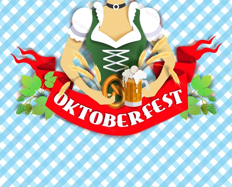 Sexy bavarian girl with beer mug and pretzel, vector illustration in paper art style. Oktoberfest, the worlds largest beer festival banner, poster template with red ribbon, wheat ears and hops.