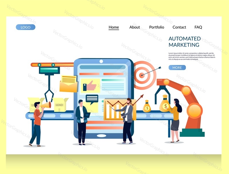 Automated marketing vector website template, web page and landing page design for website and mobile site development. Digital marketing automation tools and technology.