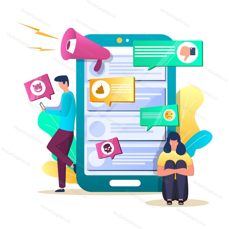 Internet trolling concept vector illustration. Huge smartphone with bad comments, dislikes, tiny characters upset girl, couple quarreling in chat. Offensive provocative online posting, cyberbullying.