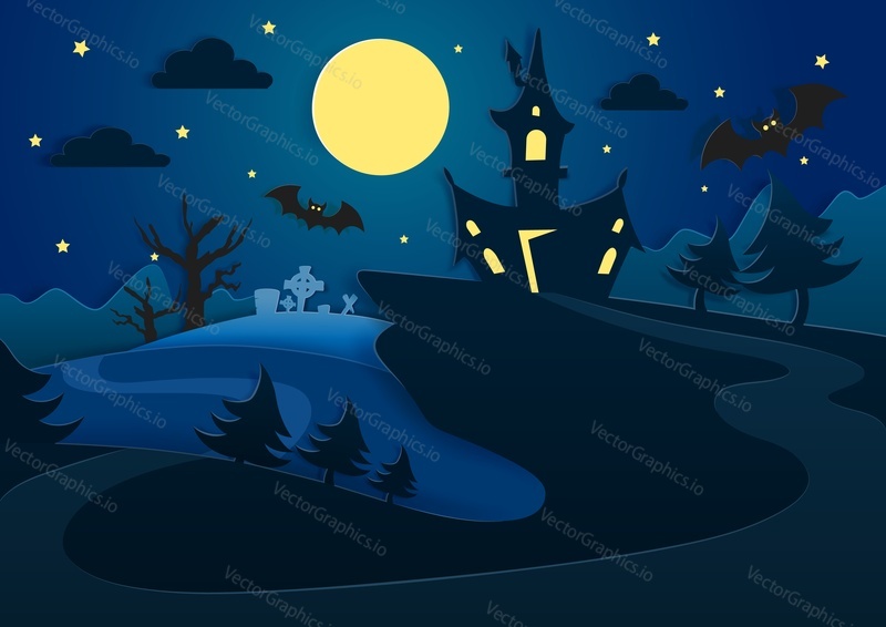 Night background with full moon, haunted house, flying bats, cemetery with graves and dead tree, vector illustration in paper art style. Happy Halloween poster banner template.