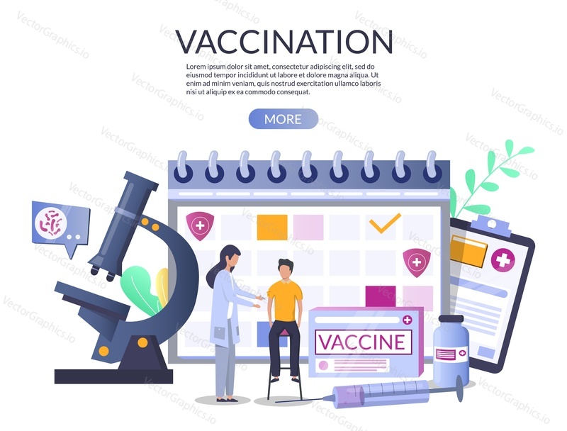Vaccination web banner template, vector illustration. Huge calendar, microscope, vaccine, syringe and tiny characters doctor, patient. Medicine and health care concept for web banner, website page etc