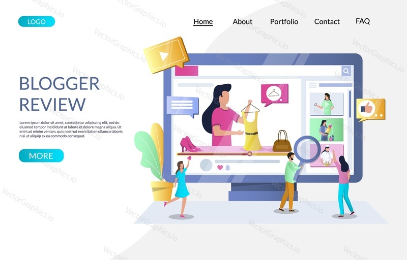 Blogger review vector website template, web page and landing page design for website and mobile site development. Blog followers watching online video with woman fashion blogger showing trendy dress.
