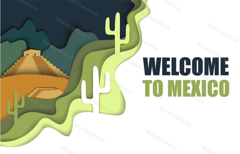 Welcome to Mexico poster template, vector illustration in paper art style. Chichen Itza, Mexico most famous Mayan pyramid and cactuses composition for web banner, website page etc.