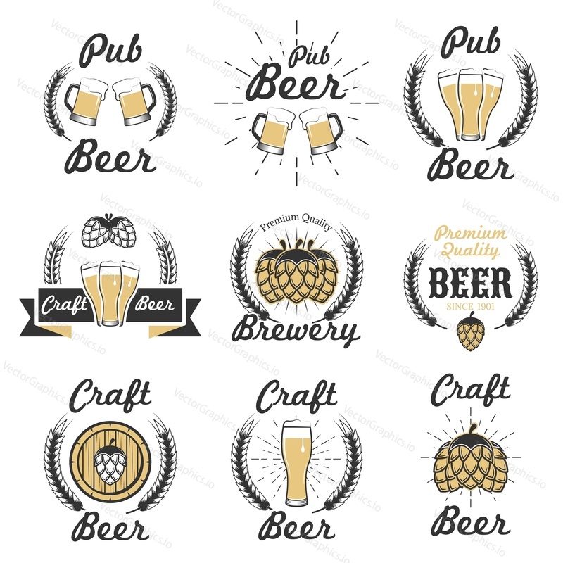 Craft beer emblem, logo, badge and label vector set for beer house, bar, pub, brewing company. Vintage hand lettering typography with mugs, hops, wheat ears, wooden barrel on white background.