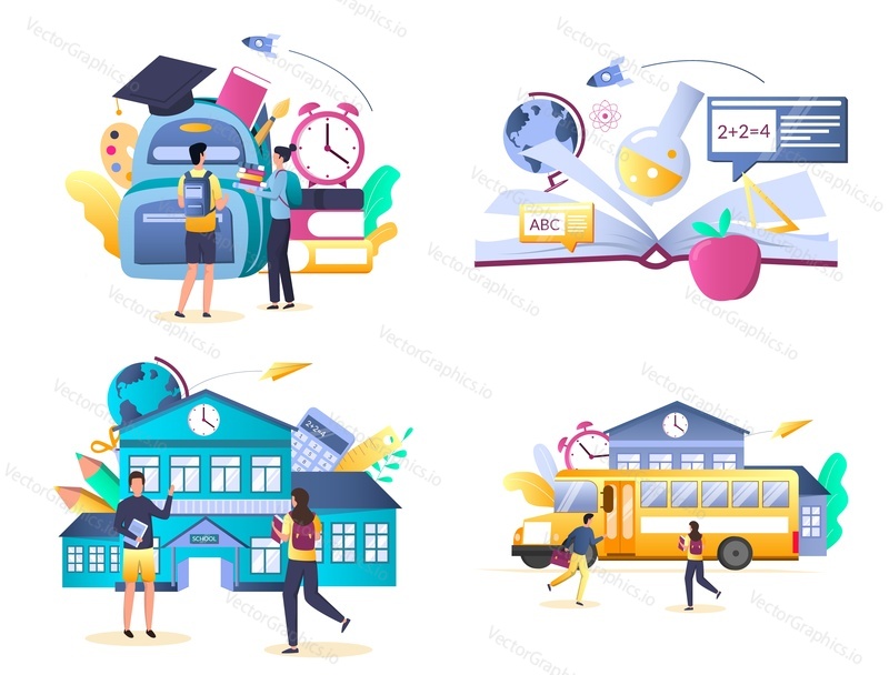 School and education vector illustration set isolated on white background. School building, bus, pupils, backpack, graduation hat, stationery and other school supplies.