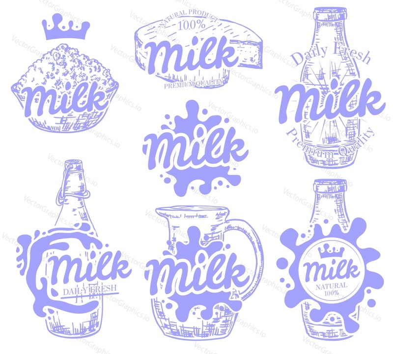 Daily fresh and natural milk blue emblems, logos and labels, vector hand drawn illustration isolated on white background. Milk hand lettering with dairy products, packaging and splashing silhouettes.
