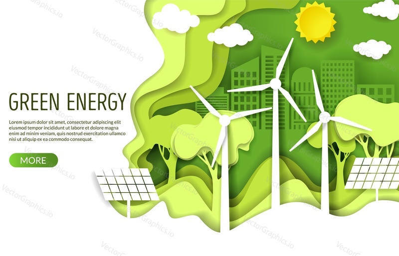 Green energy web banner template. Eco friendly green city with wind turbines and solar panels, vector illustration in paper art style. Save environment, alternative energy, ecology concept.