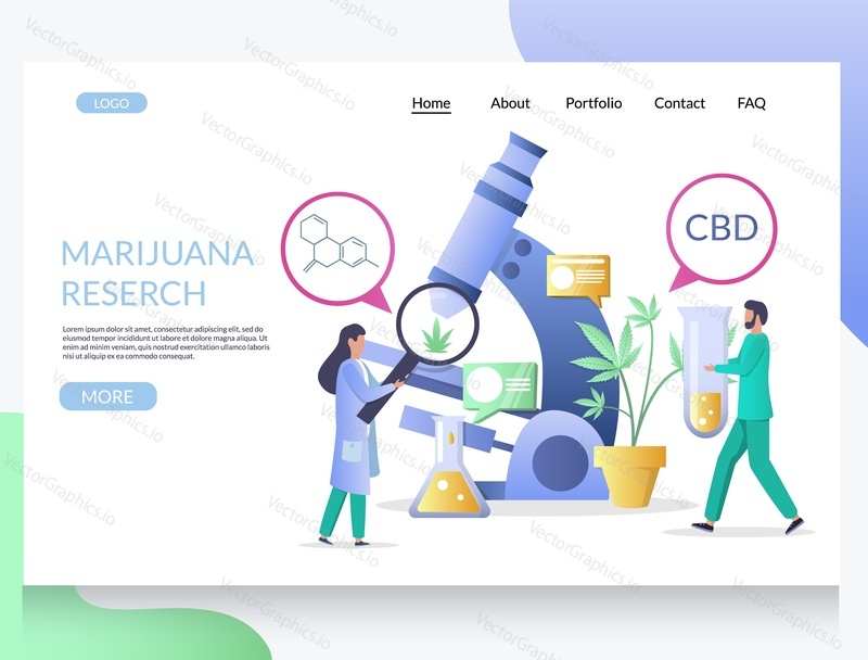 Marijuana research vector website template, web page and landing page design for website and mobile site development. Medical cannabis research concept with characters and lab equipment.