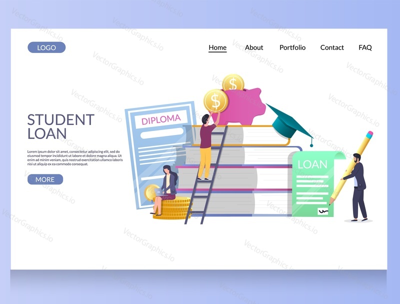 Student loan vector website template, web page and landing page design for website and mobile site development. Investment in education, money savings for study.