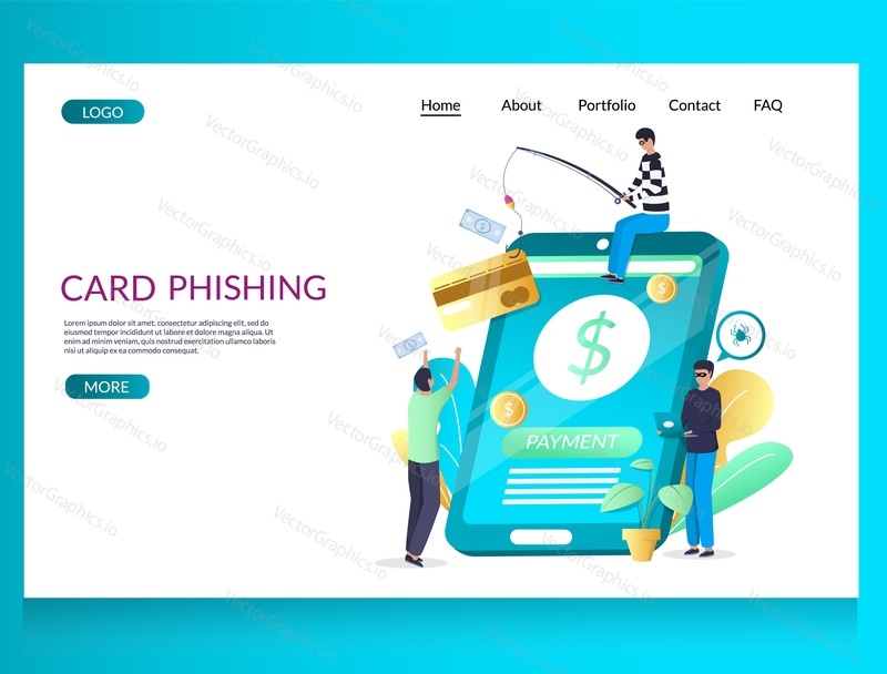 Card phishing vector website template, web page and landing page design for website and mobile site development. Credit card and banking information phishing scam.