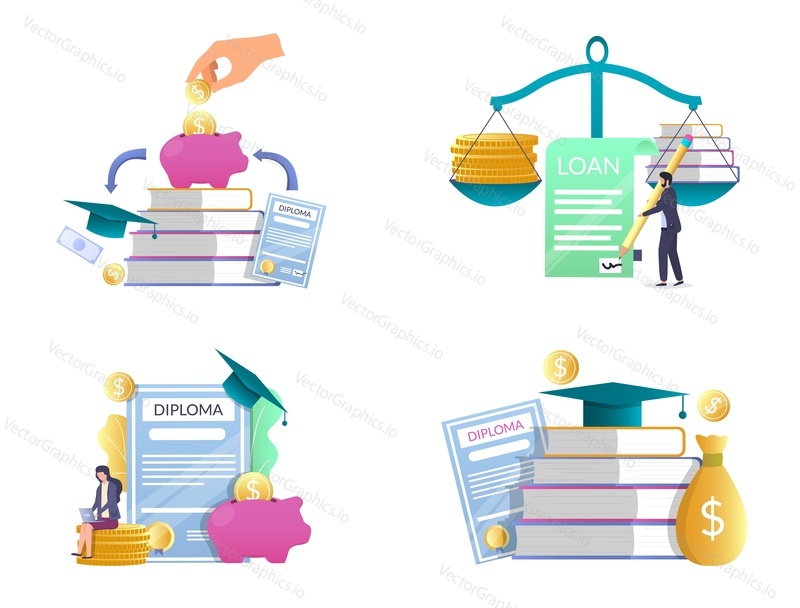 Student loan vector isolated illustration set. Piggy bank with dollar coins, stack of books, graduate hat, diploma etc. Investment in knowledge, scholarship, financial aid money savings for education.