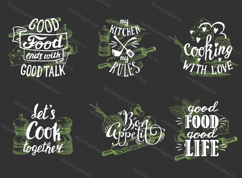 Cuisine quotes and sayings hand lettering typography, vector illustration. Vintage food labels, emblems with inspirational cooking phrases on black background.