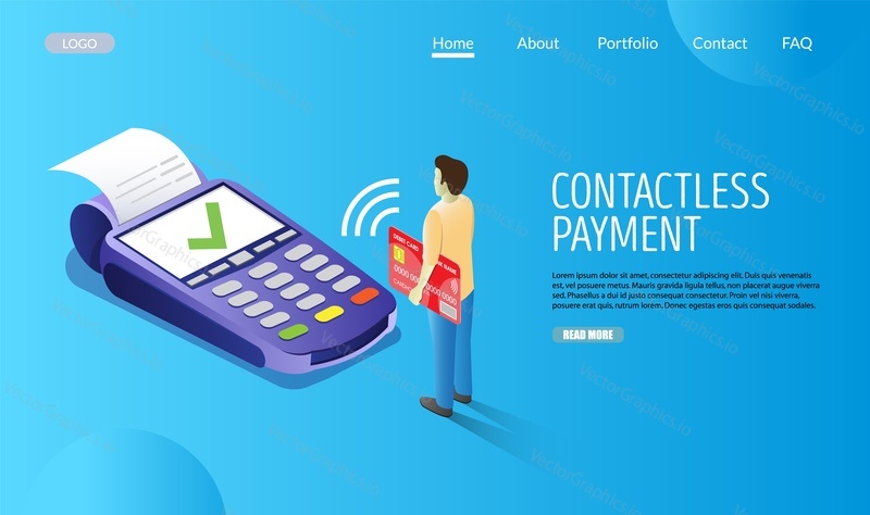 Contactless payment vector website template, web page and landing page design for website and mobile site development. Pos terminal and man making purchase using credit card. Secure payment method.