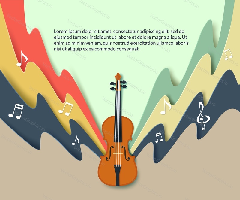 Шаблон плаката концерта классической музыки для скрипки, векторная иллюстрация в современном стиле бумажного искусства.