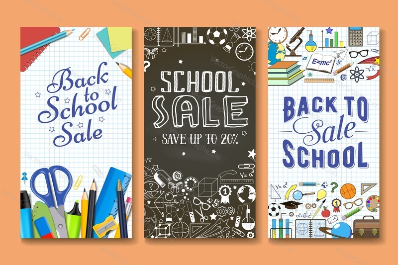 Back to school sale banner vector template set. Stationery and other school items with hand lettering on exercise book sheet and chalkboard background. Discounts, special offers promotion.