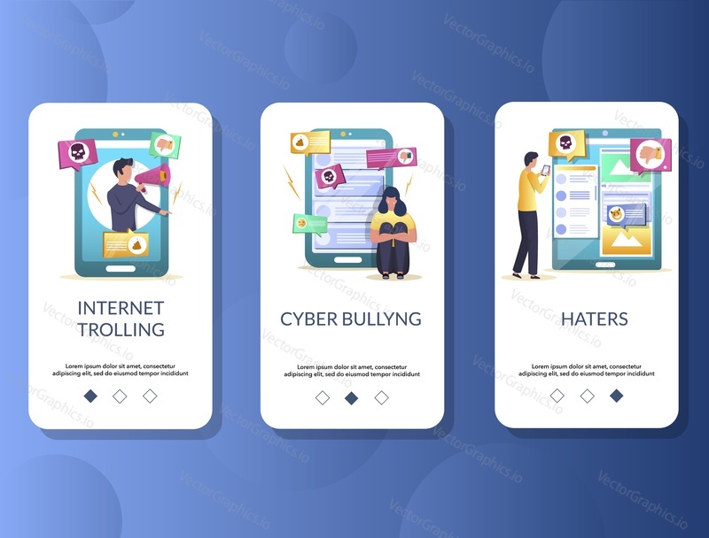 Internet trolling, Cyberbullying, Haters mobile app onboarding screens. Menu banner vector template for website and application development. Digital harassment, bullying, online mockery.