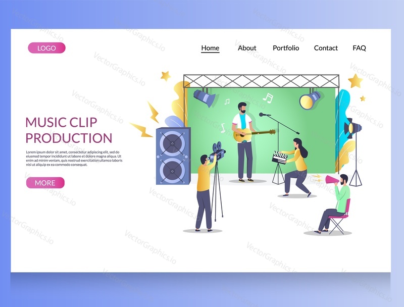 Music clip production vector website template, web page and landing page design for website and mobile site development. Videography, video clip making.