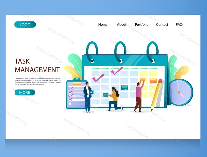Task management vector website template, web page and landing page design for website and mobile site development. Task manager application, scrum task board and teamwork, time management concept.