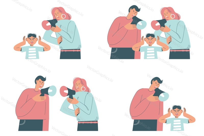 Family conflict scenes, vector flat illustration isolated on white background. Unhappy married couples quarreling, parents shouting on their children using megaphone. Problems in family relationships.
