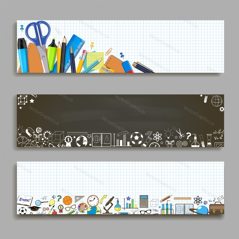 Back to school horizontal banner template set. Vector illustration of school supplies on exercise book sheet and chalkboard background. School time, education concept.
