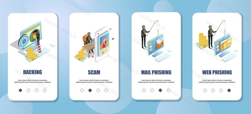 Cyber crimes mobile app onboarding screens. Menu banner vector template for website and application development. Hacking, scam, web and mail phishing.