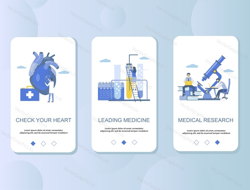 Cardiology mobile app onboarding screens. Menu banner vector template for website and application development. Leading medicine, heart check up, medical research.