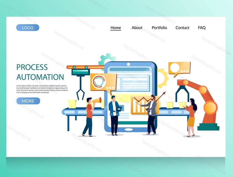 Process automation vector website template, web page and landing page design for website and mobile site development. Robotic process automation technology, smart industry.