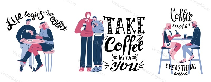 Coffee quotes hand drawn lettering typography with happy couples having coffee in the morning, vector flat illustration isolated on white background. Motivational coffee sayings.