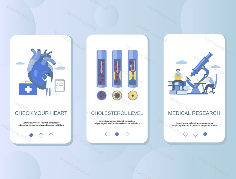 Мобильное приложение для борьбы с атеросклерозом на экранах. Векторный шаблон баннера меню для разработки веб-сайтов и приложений. Проверка сердца, анализ крови на уровень холестерина.
