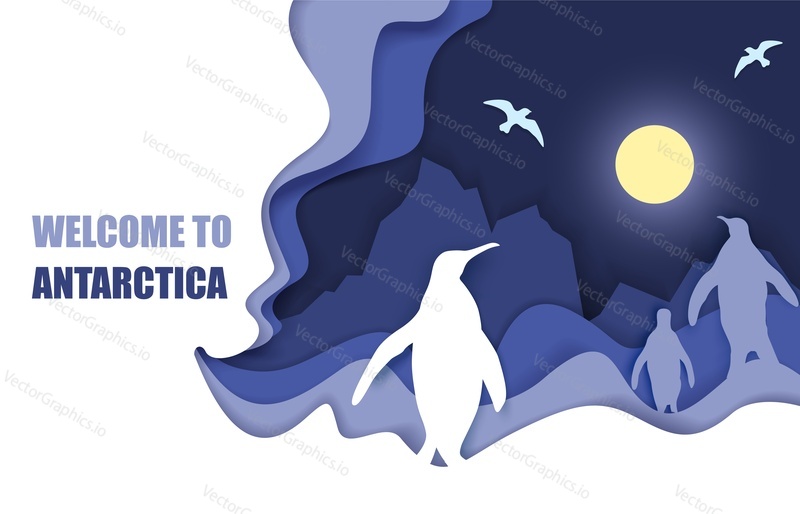 Welcome to Antarctica travel poster template, vector illustration in paper art style. South Pole landscape with icebergs and penguins silhouettes. Antarctica continent for web banner website page etc.
