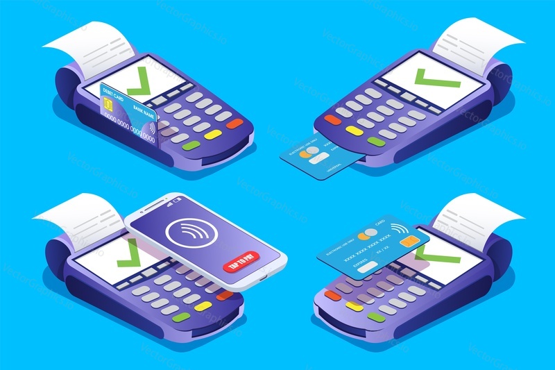 Pos terminal set, vector isometric illustration. Payment terminals with tick marks on screens, credit cards, smartphone and transaction receipt. Successful contactless payments, nfc, online banking.