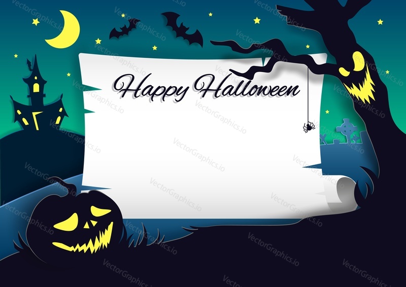 Happy Halloween party invitation, vector illustration in paper art style. Night background with crescent moon, scary pumpkin, haunted house, flying bats, cemetery with graves and dead tree.