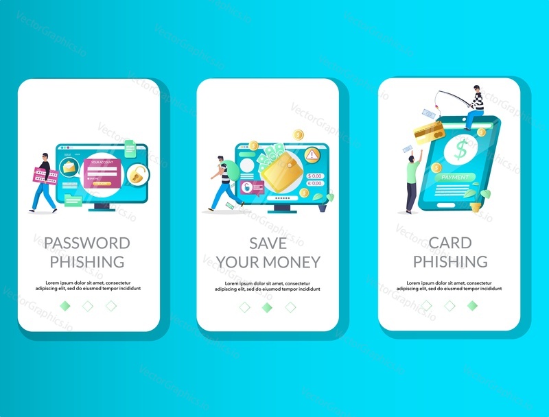 Password and card phishing, save your money mobile app onboarding screens. Menu banner vector template for website and application development. Data phishing, online scam, hacker attack, cyber crime.