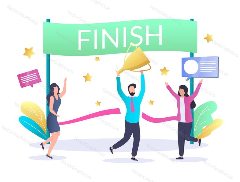 Business man leader crossing finish line with raised trophy cup, vector illustration. Happy business team celebrating victory, leadership, goal achievements concept for web banner, website page etc.
