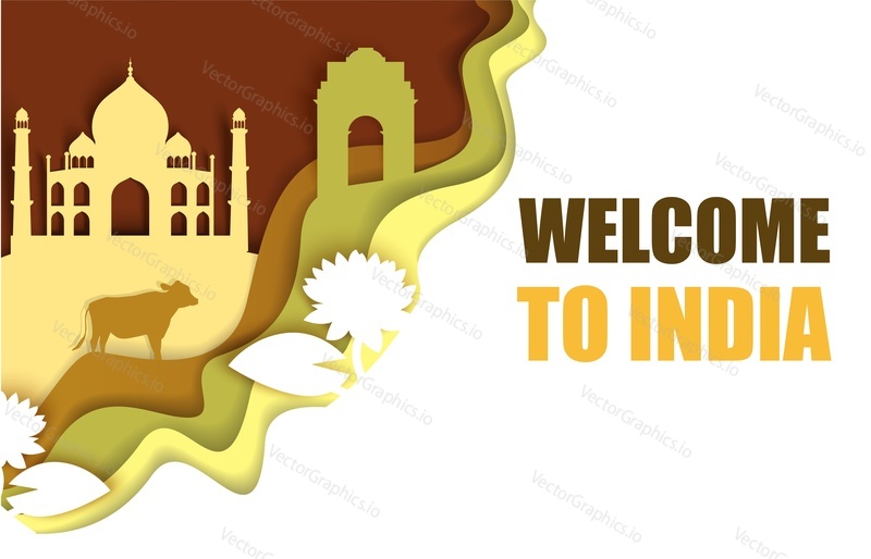 Welcome to India poster template, vector illustration in paper art style. Taj Mahal, India Gate, Lotus Temple world famous landmarks, cow, lotus flowers composition for web banner, website page etc.