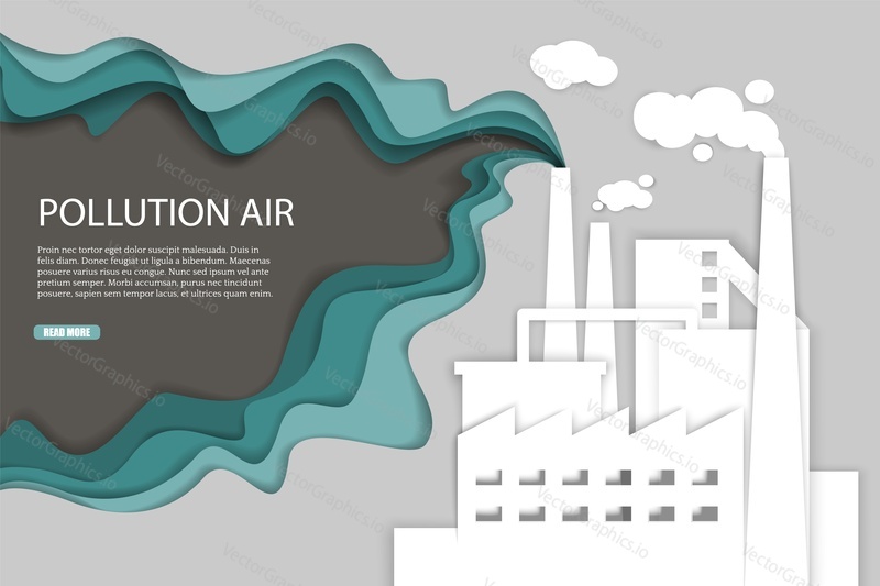 Шаблон веб-баннера с загрязнением воздуха. Здание промышленного завода с дымящимися трубами, векторная иллюстрация в стиле бумажного искусства. Сохранение окружающей среды, концепция экологии.