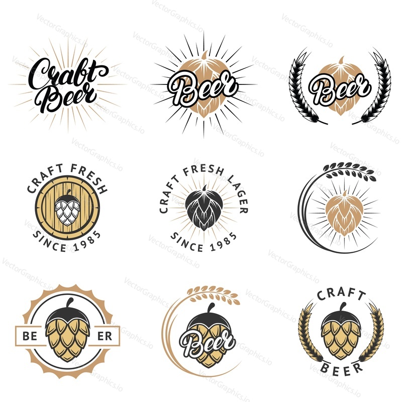 Craft fresh beer emblem, logo, badge and label set, vector illustration. Vintage beer hand lettering typography for pub, bar, brewing company on white background.