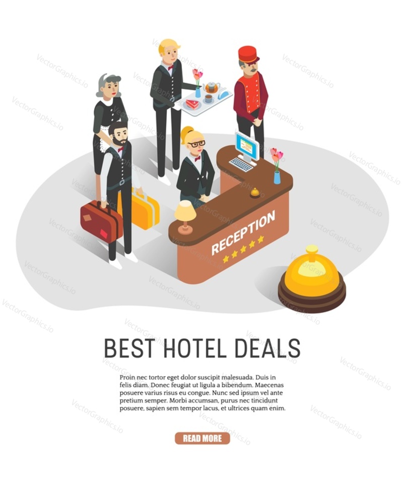 Best hotel deals web banner template. Vector isometric characters hotel staff providing customer services. Hotel room promotion concept.