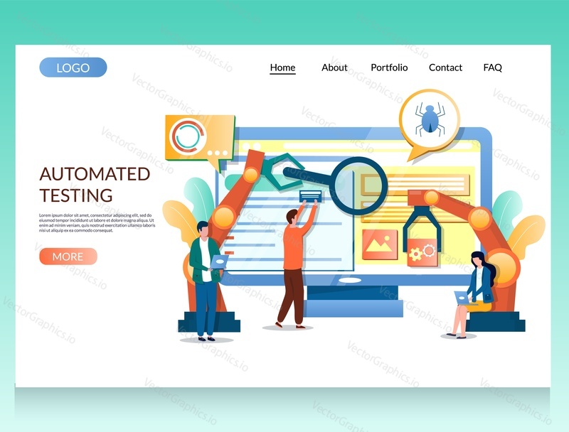 Automated testing vector website template, web page and landing page design for website and mobile site development. Software testing and debugging, SQA.
